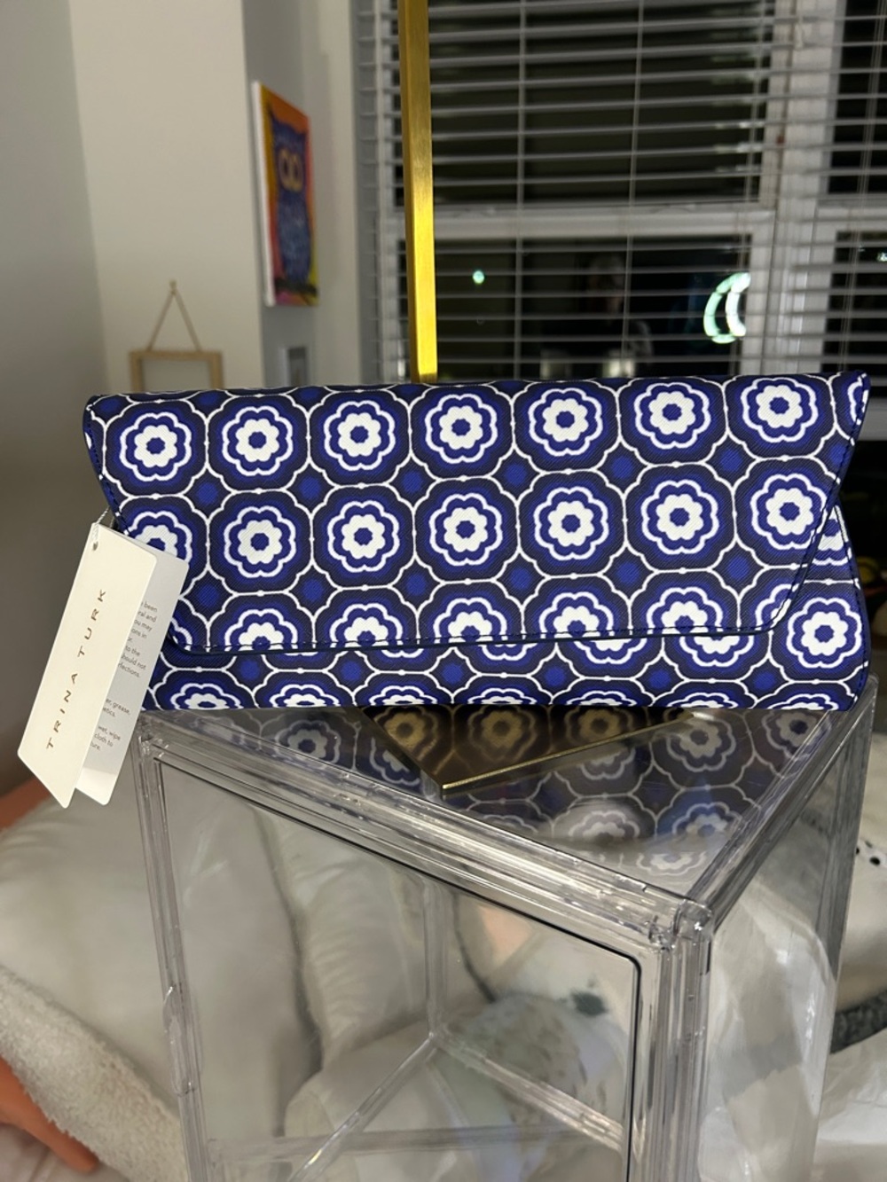Trina Turk Navy Medallion Herringbone Vegan Long Clutch 5.5”x 12.25”x 1.5” NWT - Picture 3 of 5